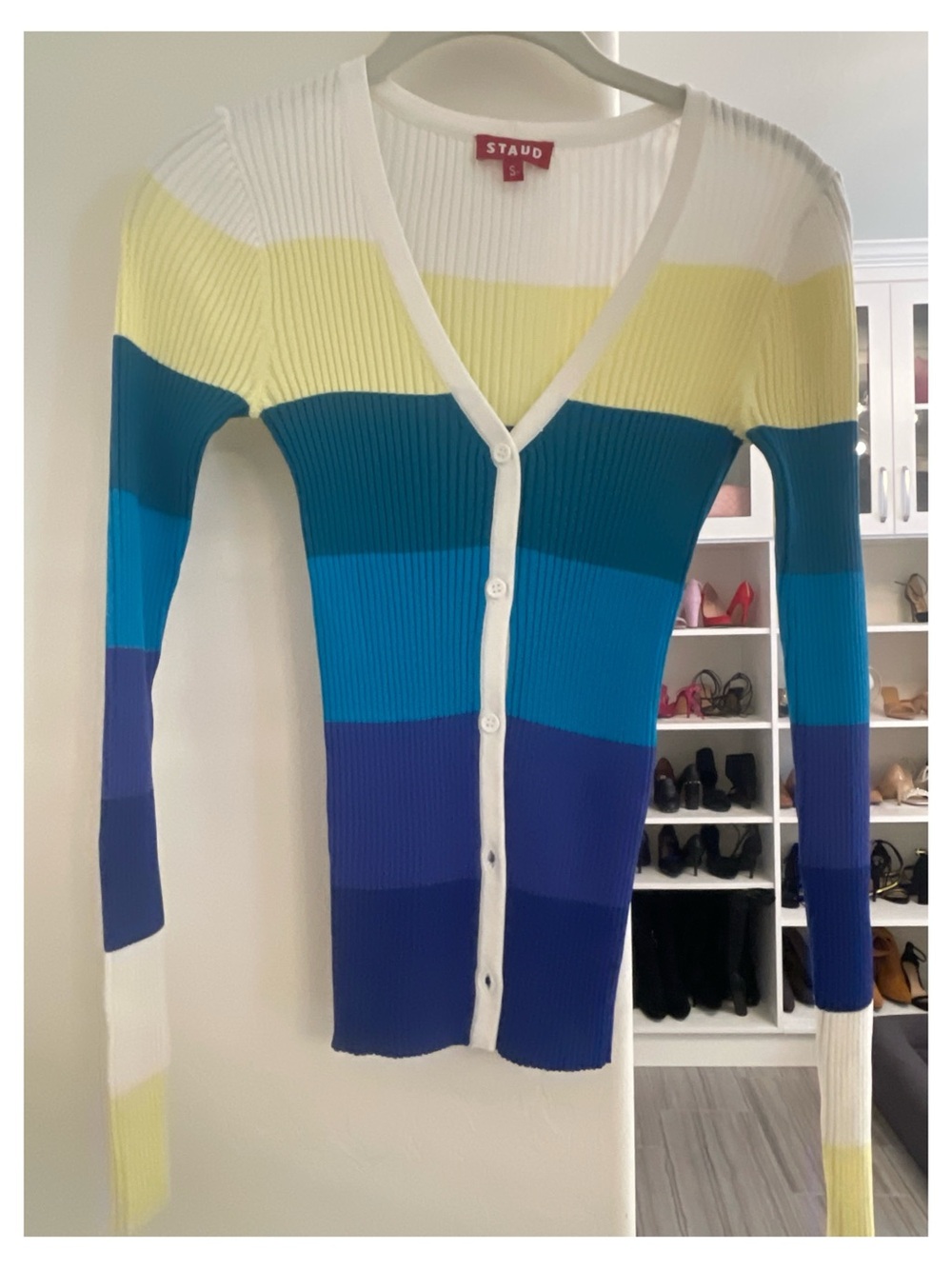 STAUD Striped Rib-Knit Button Cardigan in Blue & White